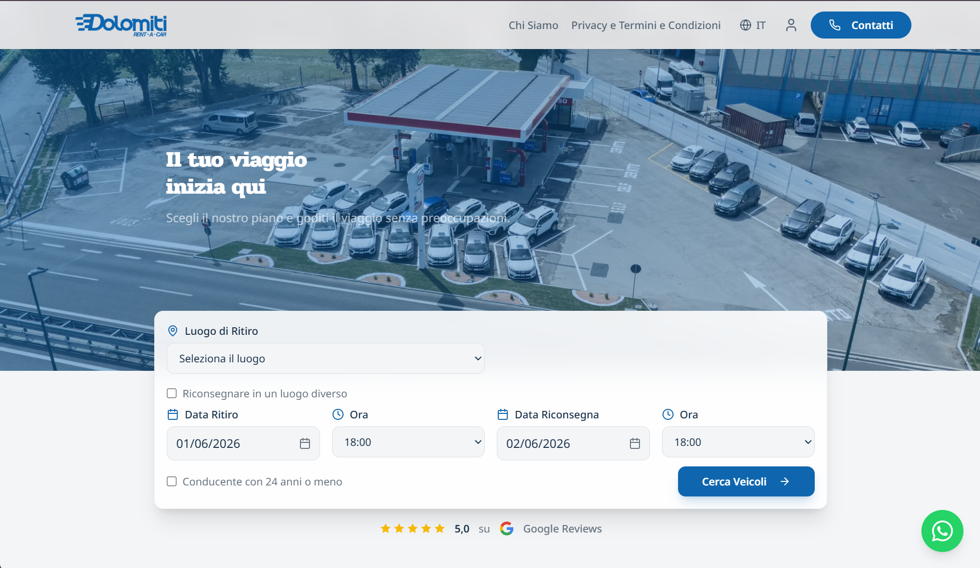 Página inicial Dolomiti Rent-a-Car com formulário de pesquisa de local, datas e horas