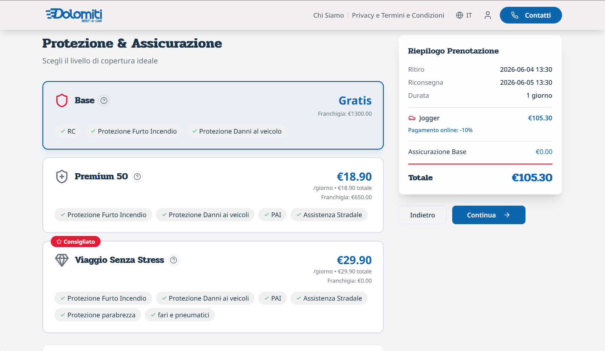 Página de seguros Dolomiti Rent-a-Car com opções Base, Premium 50 e Viaggio Senza Stress