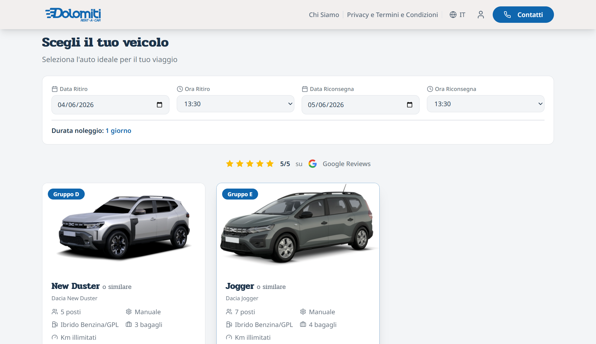 Página de seleção de veículo Dolomiti Rent-a-Car com cards do New Duster e Jogger